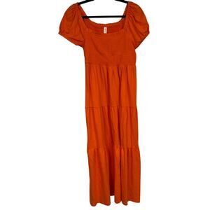 Daily Practice Orange Tiered Summer Dress Womens M Smocked Puff Shoulder Cottage